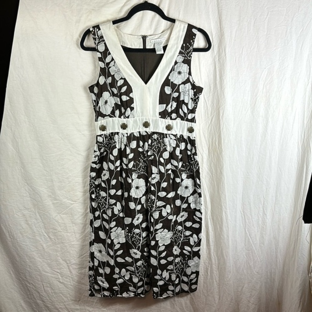 Tweeds Black and Whitre Floral V-neck Cotton Midi Dress Size 8 Sleeveless